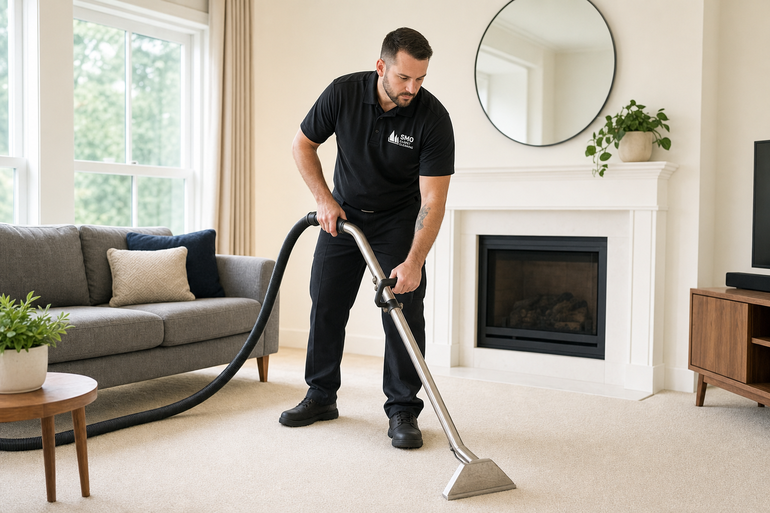 SMO Carpet Cleaning technician cleaning carpet in a residential living room
