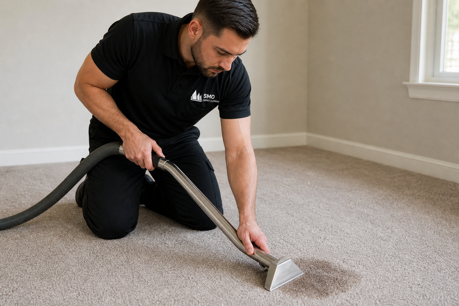 SMO Carpet Cleaning technician assessing a carpet stain